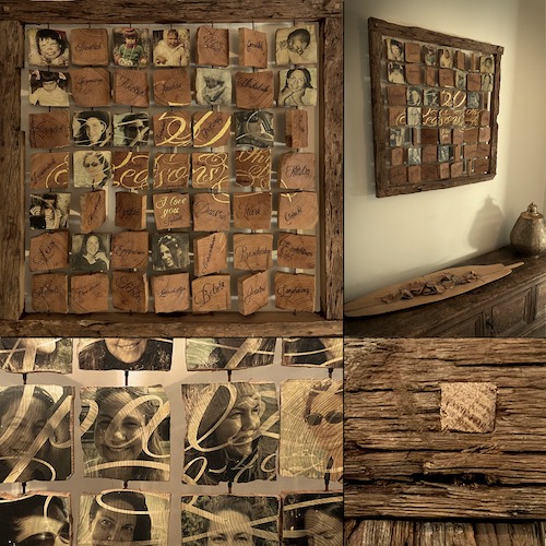 Rahmen aus altem Eichenholz mit Fotos und Kalligraphie auf Holz-Täfelchen für Jubiläum