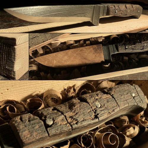 Damastmesser mit rustikalem Griff aus altem Eichenholz und Kirsch-Scheide in Holz-Box mit Hobelspäne