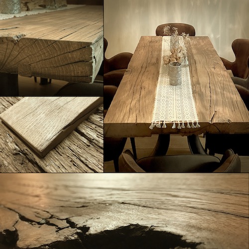 Verschiede Ansichten von Esstisch aus altem Eichenholz