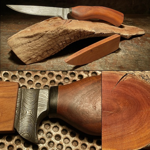 Damastmesser mit Kirschholz-Griff und -Scheide