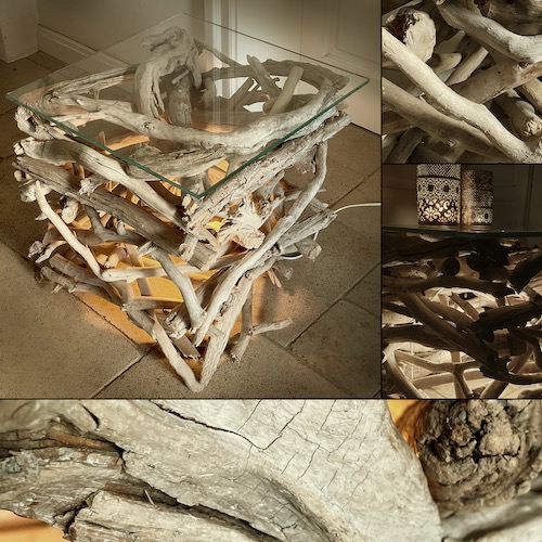 Kleiner Tisch aus geschichtetem Treibholz mit Glasplatte und integrierter Beleuchtung