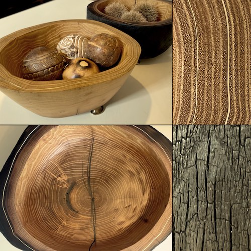 Holzschalen aus Robinie mit markanter Maserung und mit Inlay und Füssen aus Messing